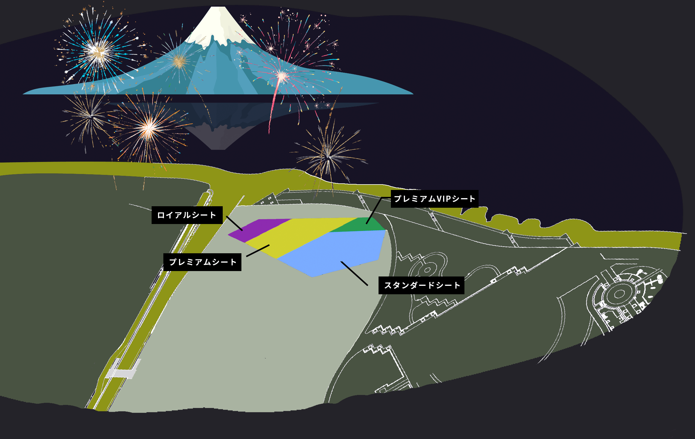 会場座席マップ — 最前方プレミアム桟敷席、前方特別桟敷席、パイプ椅子席、後方桟敷席、自由席エリアの配置図