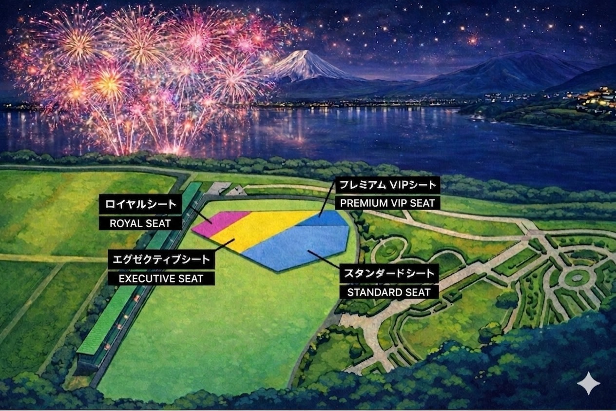 会場座席マップ — 最前方プレミアム桟敷席、前方特別桟敷席、パイプ椅子席、後方桟敷席、自由席エリアの配置図